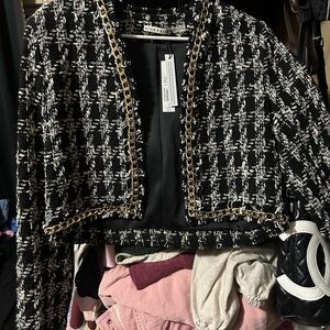 Alice + Olivia Black & White Tweed Cropped Blazer with Gold Chain Trim